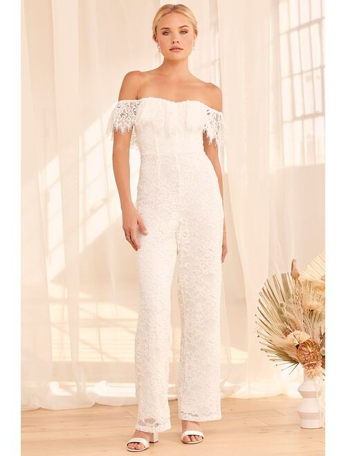 Forever Seal My Fate White Lace Off-the-Shoulder Jumpsuit
