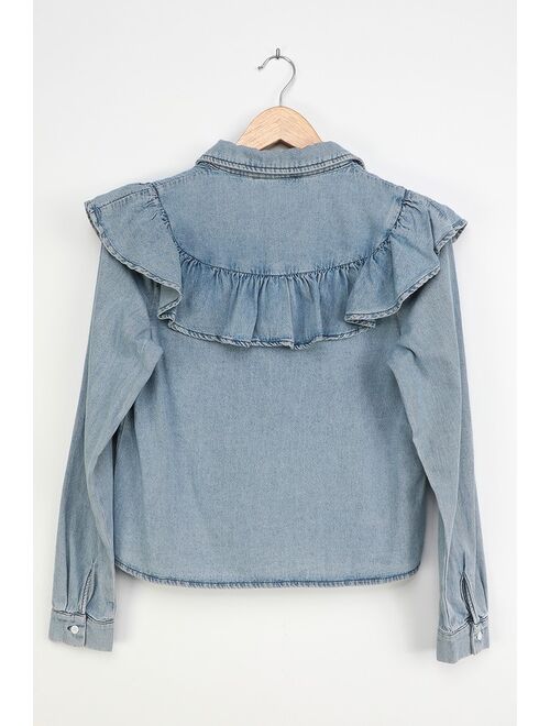 Lulus Belle of the Moment Blue Chambray Ruffled Button-Up Top