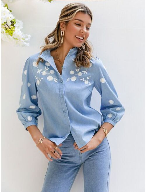 Shein Simplee Frill Mock Neck Lantern Sleeve Floral Blouse