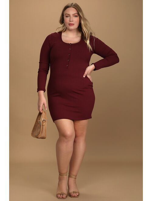 Lulus Go Beyond Basic Burgundy Ribbed Snap Front Bodycon Mini Dress