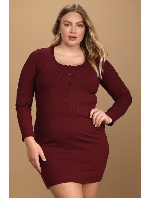 Lulus Go Beyond Basic Burgundy Ribbed Snap Front Bodycon Mini Dress