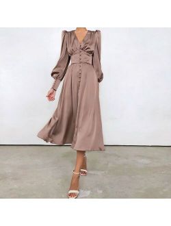 Spring Fashion Silk  Elegant Grace Office Lady Long Sleeve Dress Dresses Women