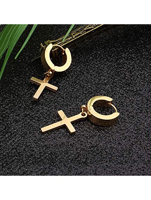 SKS Jewelry 6 Pairs of Stainless Steel hypoallergenic Earrings for Men Women| Premium set of Cubic Zirconia Stud Earrings| Small Hoop earrings | 18k PVD Gold plated Cross