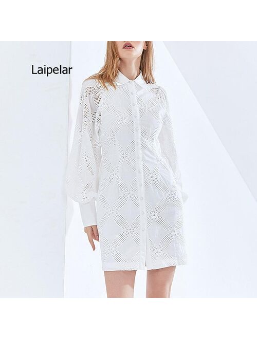 2021 Spring and Summer New Women's Lapel Commuting High Waist Hook Flower Short Cut Shirt Dress
