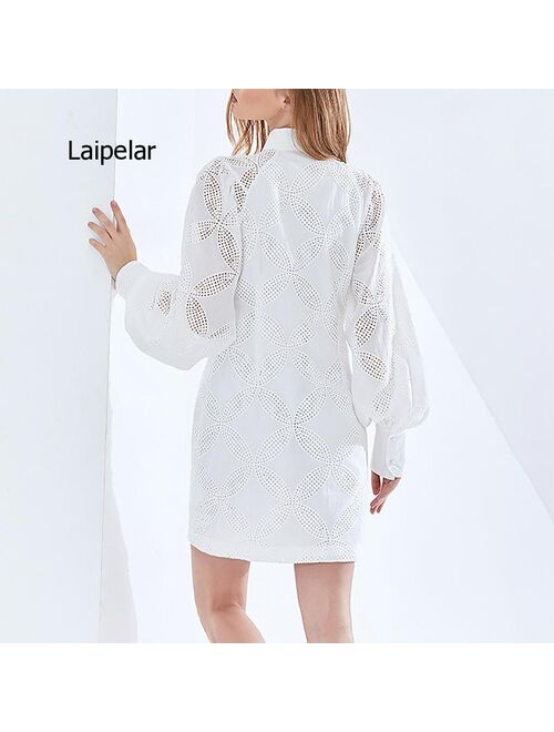 2021 Spring and Summer New Women's Lapel Commuting High Waist Hook Flower Short Cut Shirt Dress