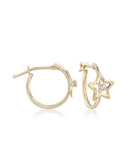 Child's 14kt Yellow Gold Open-Space Star Hoop Earrings With CZ Accents