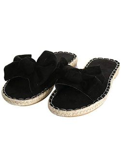 Women Faux Suede Slide Sandals Open Toe Knot Bow Slip-On Flat Slide Sandal