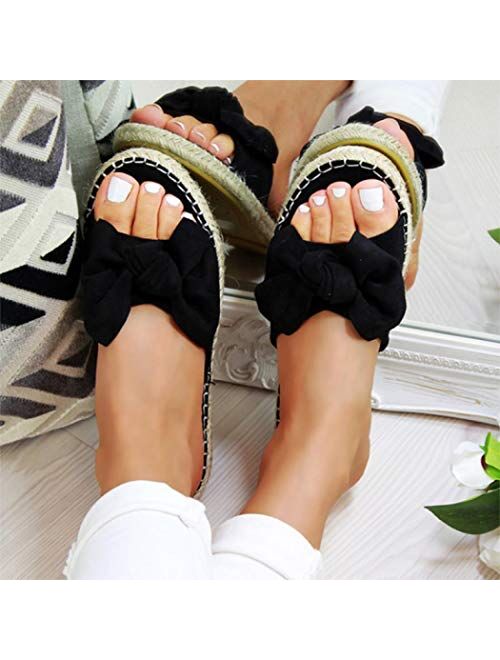 Women Faux Suede Slide Sandals Open Toe Knot Bow Slip-On Flat Slide Sandal