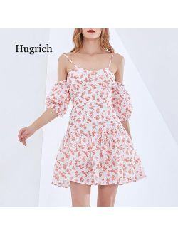 Summer 2021 New Women's Sexy Off Shoulder Stitching Colorful Machine Sling Print Dress