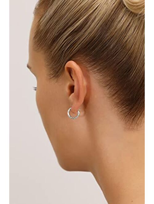 TILO JEWELRY 14k White Gold Hand Engraved Full Diamond-cut Round Hoop Earrings