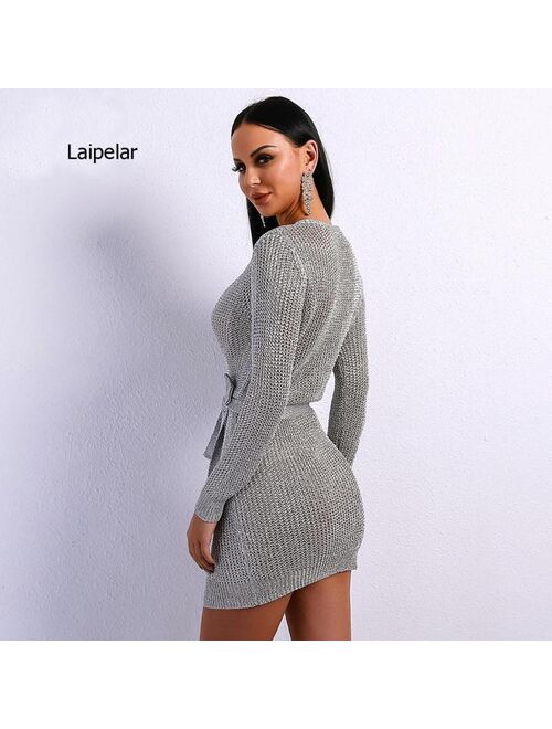 New Women Ladies Winter Long Sleeve Casual Loose Knitted Sweater Jumper Dress Sweater Sexy Girding