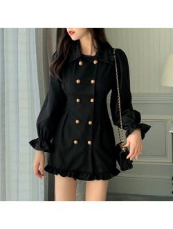 2021  New Arrival Long Sleeve Shirt Korean Short Skater Collar Sexy Black Dress Women Dresses Female Vintage Tunic Party Clothes