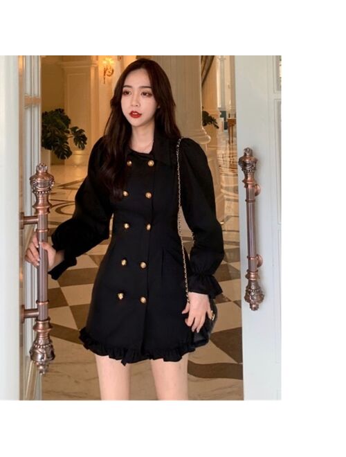 2021  New Arrival Long Sleeve Shirt Korean Short Skater Collar Sexy Black Dress Women Dresses Female Vintage Tunic Party Clothes