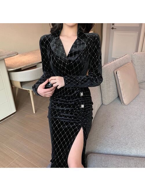 Elegant Velvet Long Sleeve Maxi Dress Winter Slim Women Sexy Undefined Clothing Women 2021 Korea Black  Dress