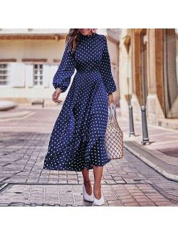 Sleeve Polka Dot Printed Long Dress Women Elegant Vintage Stand Collar Long Sleeves Autumn Dress Plus Size