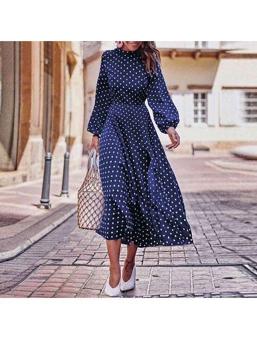 Sleeve Polka Dot Printed Long Dress Women Elegant Vintage Stand Collar Long Sleeves Autumn Dress Plus Size
