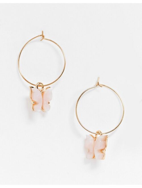ASOS DESIGN hoop earrings with pink butterfly charm in gold tone