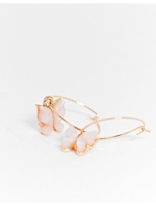 ASOS DESIGN hoop earrings with pink butterfly charm in gold tone