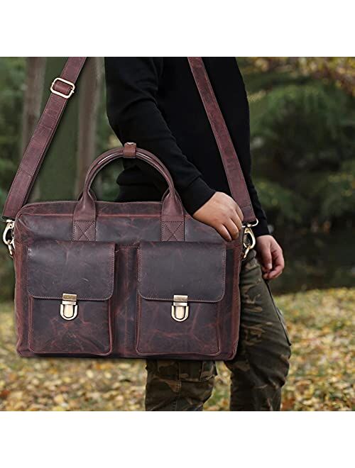 Leather Messenger Bag Locking Laptop Briefcase For Men Adjustable Satchel Handle