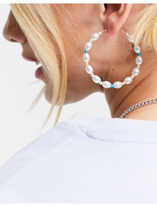 Topshop beaded and pearl hoop earrings in white mix