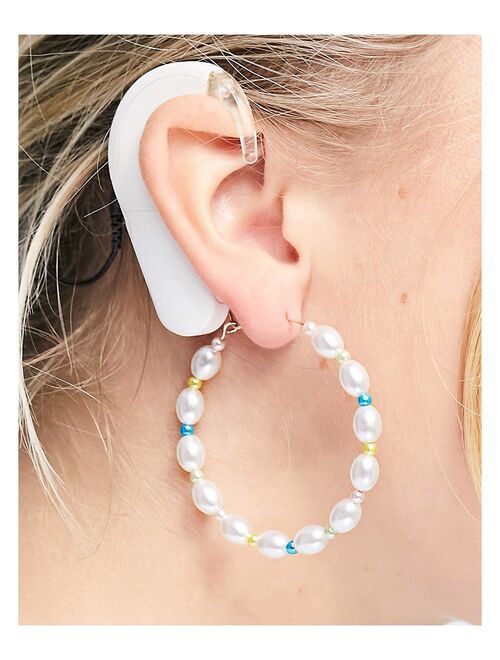 Topshop beaded and pearl hoop earrings in white mix
