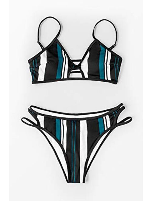 CUPSHE Women's Triple Color Striped Adjustable Strap Bikini Sets