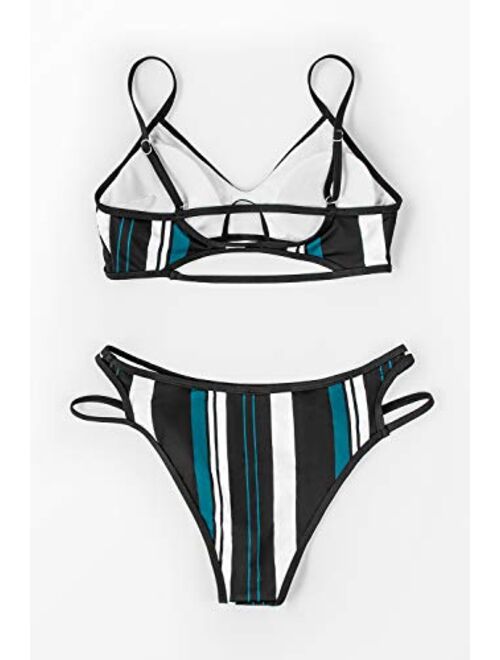 CUPSHE Women's Triple Color Striped Adjustable Strap Bikini Sets