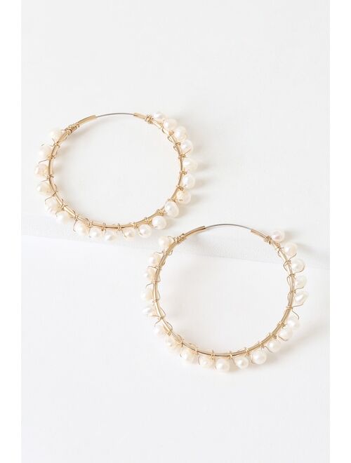 Lulus Wise Idea Gold and Pearl Hoop Earrings
