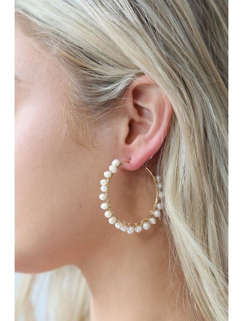 Lulus Wise Idea Gold and Pearl Hoop Earrings