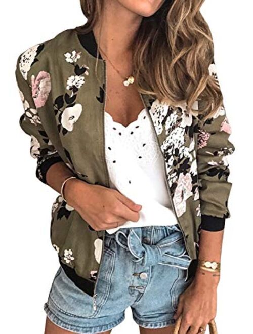 ECOWISH Womens Jackets Lightweight Zip Up Casual Inspired Bomber Jacket Leopard Coat Stand Collar Short Outwear Tops
