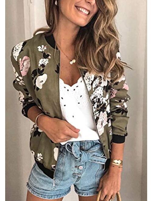 ECOWISH Womens Jackets Lightweight Zip Up Casual Inspired Bomber Jacket Leopard Coat Stand Collar Short Outwear Tops