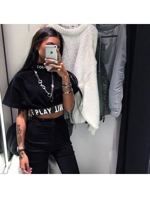 2019 New Women Summer Letter Print Patchwork T-shirt Short Sleeve Navel Bare Crop Tops Sexy Casual Stand Neck Fashion T Shirt