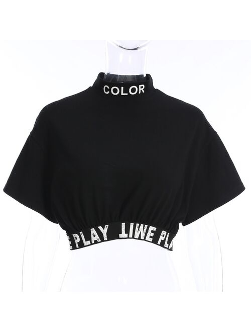 2019 New Women Summer Letter Print Patchwork T-shirt Short Sleeve Navel Bare Crop Tops Sexy Casual Stand Neck Fashion T Shirt