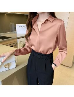 Silk Shirts Women Long Sleeve Vintage Shirts Blouse Office Lady Satin Silk Blouse Plus Size Woman Basic Shirt Tops White Shirts