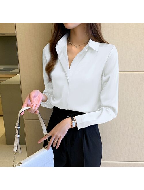 Roxy Silk Shirts Women Long Sleeve Vintage Shirts Blouse Office Lady Satin Silk Blouse Plus Size Woman Basic Shirt Tops White Shirts