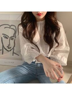 Sweet Lace Chiffon Blouse Women Casual Lantern Long Sleeve Shirt Korean Fashion Solid Color Blouses