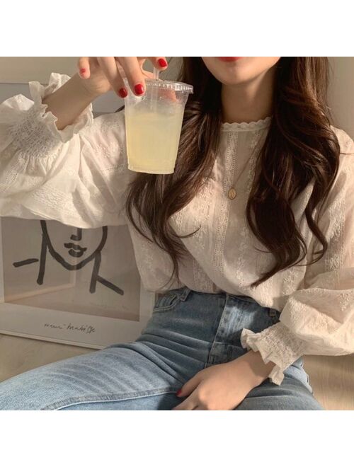 Sweet Lace Chiffon Blouse Women Casual Lantern Long Sleeve Shirt Korean Fashion Solid Color Blouses