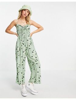 tie front shirred waist culotte jumpsuit in sage green floral