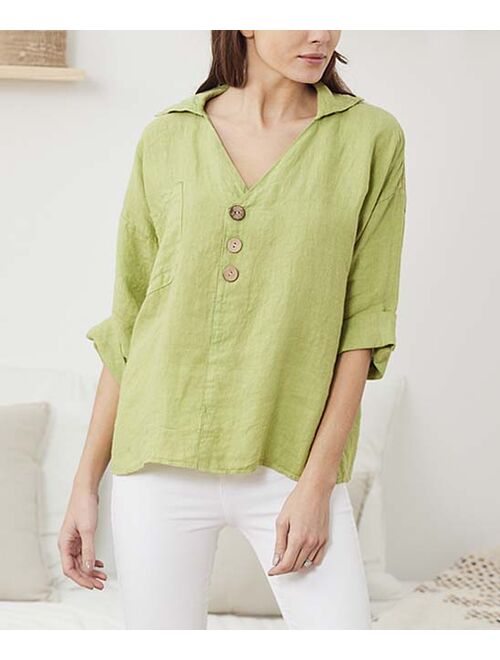 Ornella Paris Green Linen Button-Front Top - Women & Plus