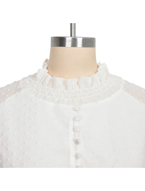 Women Ruffle Stand Collar Top Blouse White Jacquard Shirt Female Long Sleeve Chic Shirt Polka Dot Solid Color Mesh Blouses D30