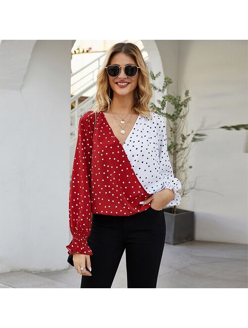 Patchwork Dot Print Womens Blouse Casual V Neck Long Sleeve Female Tunic Elegant 2020 Spring Womens Tops And Blouses Loose Shirt