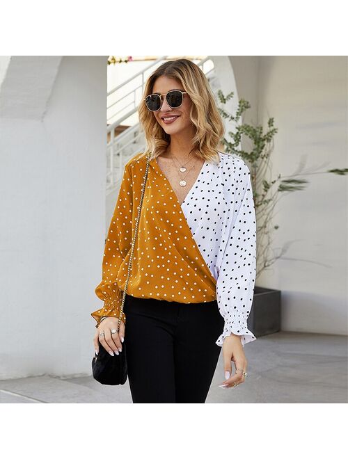 Patchwork Dot Print Womens Blouse Casual V Neck Long Sleeve Female Tunic Elegant 2020 Spring Womens Tops And Blouses Loose Shirt