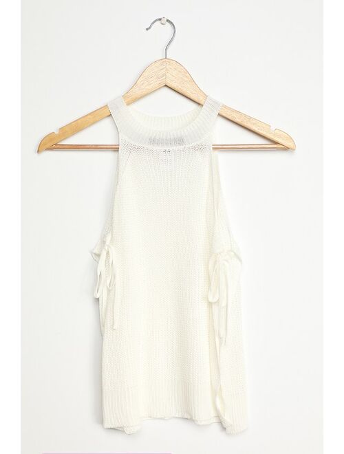 Lulus Sunny Style White Loose Knit Mock Neck Side Tie Tank Top