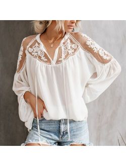 Sexy Lace Mesh Shirt Embroidery Patchwork Women Casual Long SleeveTops Chiffon Blouse Ladies Loose Tops Shirts Female Blusas