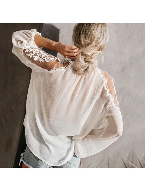 Sexy Lace Mesh Shirt Embroidery Patchwork Women Casual Long SleeveTops Chiffon Blouse Ladies Loose Tops Shirts Female Blusas