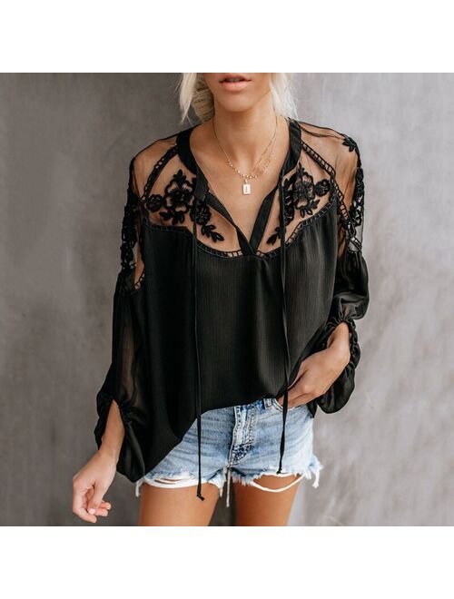 Sexy Lace Mesh Shirt Embroidery Patchwork Women Casual Long SleeveTops Chiffon Blouse Ladies Loose Tops Shirts Female Blusas
