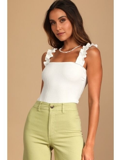 Musing About You Black Ribbed Ruffle Strap Bodysuit