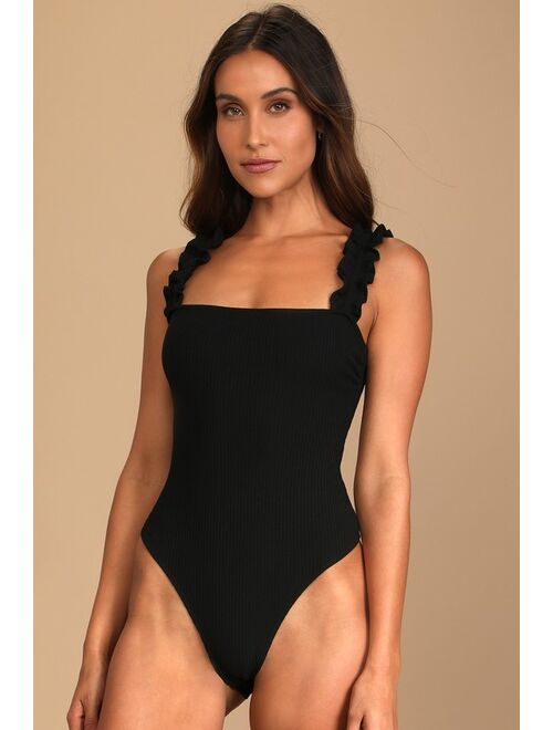 Lulus Musing About You Black Ribbed Ruffle Strap Bodysuit
