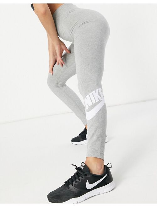 Nike high rise essential leggings in gray with calf logo print