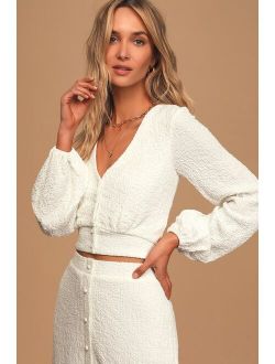 Rules of Romance White Button-Up Long Sleeve Crop Top